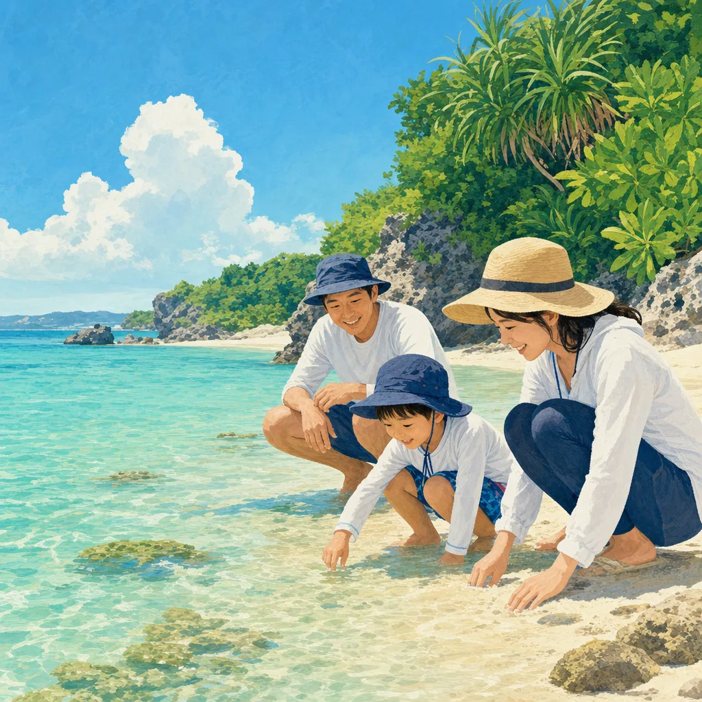 沖縄の海を楽しむ日本人家族（編集記事向け）。沖縄旅行、夏休み、家族旅行、観光キャンペーン向け素材です。