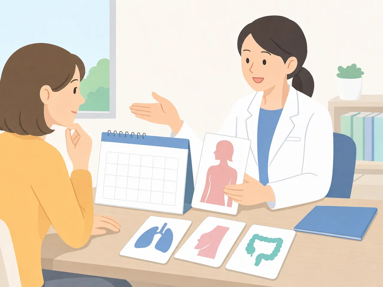 がん検診を相談する日本人（フラットイラスト）。がん検診、健康相談、予防医療、早期発見の記事や案内に使える商用素材です。