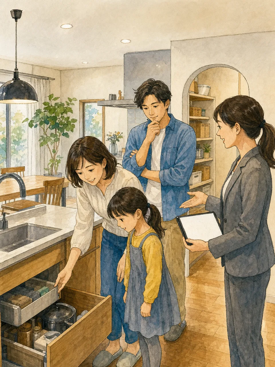 住宅展示場を見学する日本人家族（手描き水彩）。住宅展示場、モデルルーム、家づくり、住宅購入の記事向け素材です。