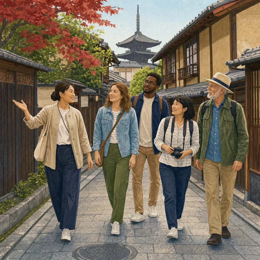 京都の街を歩く訪日観光客（編集記事向け）。インバウンド、京都観光、旅行案内、地域サービスに使える素材です。