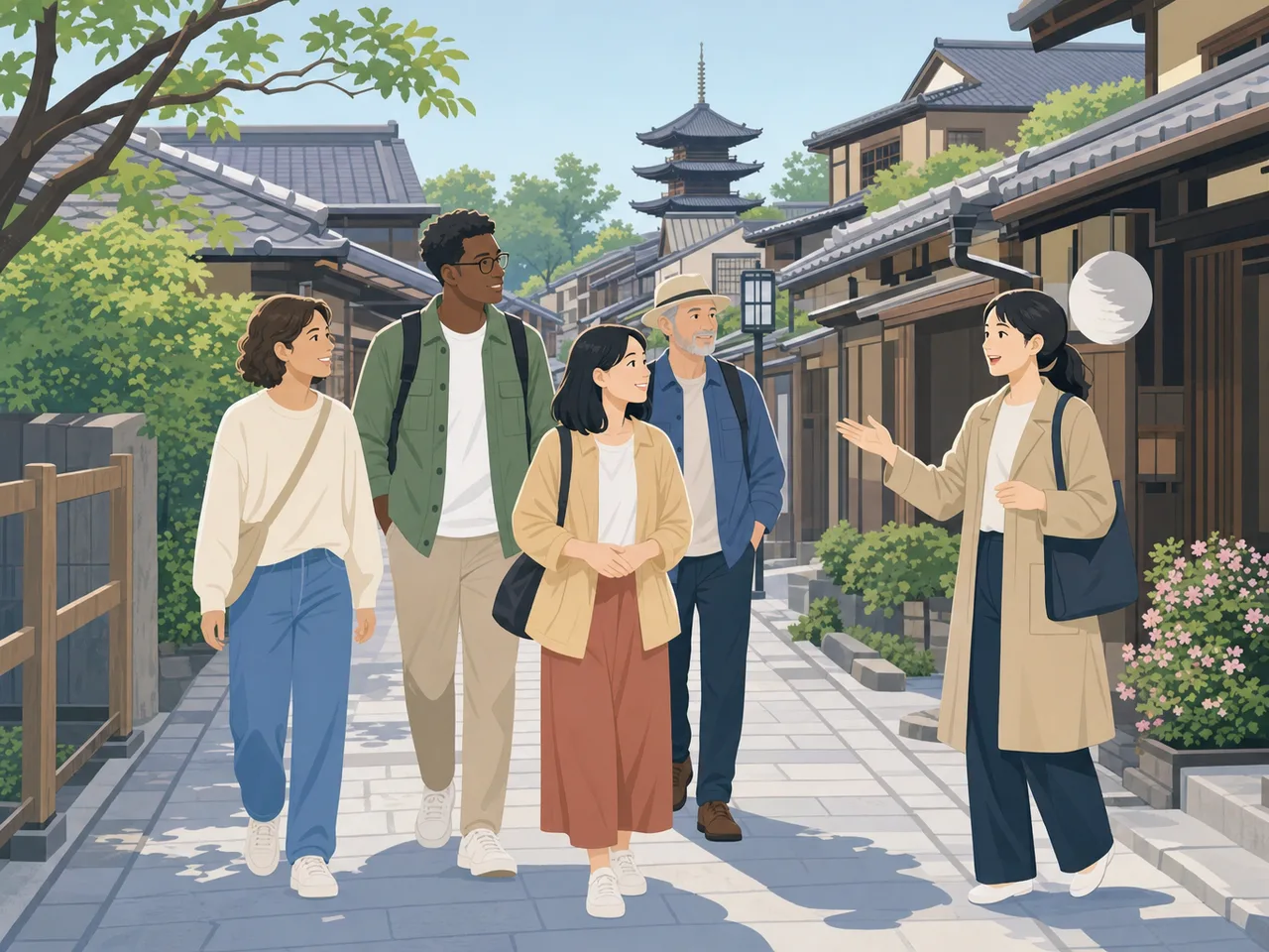 京都の街を歩く訪日観光客（フラットイラスト）。インバウンド、京都観光、旅行案内、地域サービスに使える素材です。