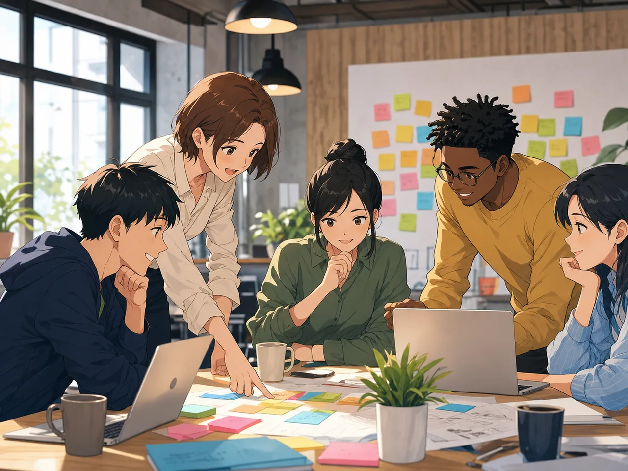働くチームのアニメ風イラスト（アニメ風・やさしい配色）。採用、IT、スタートアップの記事に使える、完全オリジナルのアニメ風ビジネス素材です。