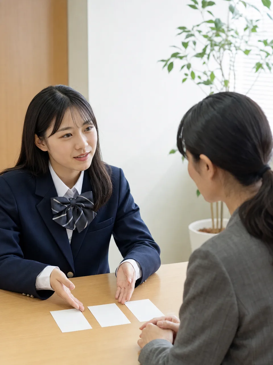 進路相談をする日本人高校生と教師（自然な縦位置写真）。進路相談、高校生、キャリア教育、進学の記事向け素材です。