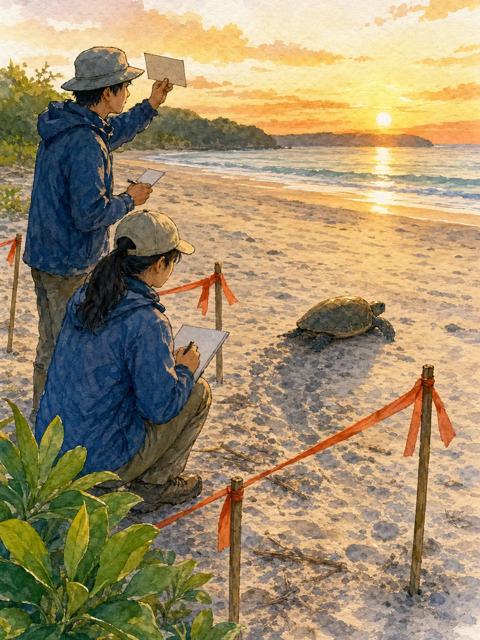 ウミガメ保全を調査する日本人（手描き水彩）。ウミガメ保全、海洋生物、自然保護、海岸調査の記事や案内に使える商用素材です。