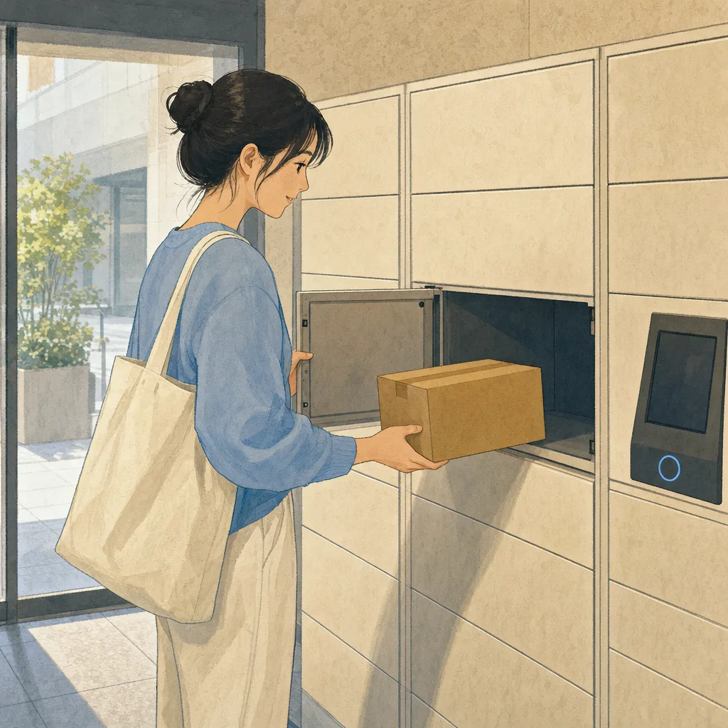 宅配ボックスを利用する日本人（編集記事向け）。宅配ボックス、荷物受取、マンション、暮らしの記事向け素材です。