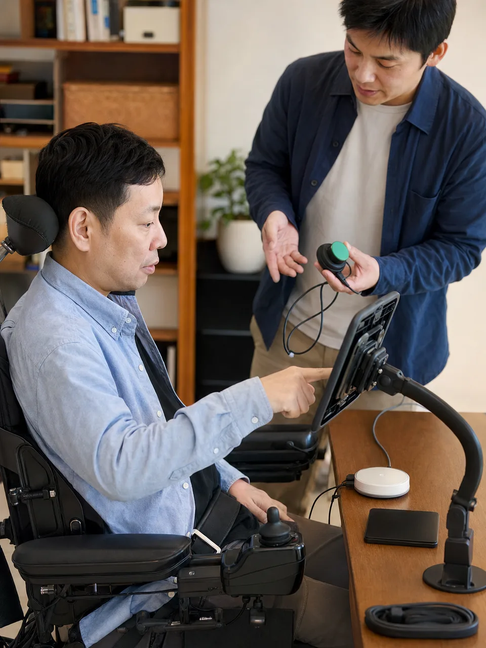 支援技術を自分に合わせて使う日本人（自然な縦位置写真）。支援技術、アクセシビリティ、福祉機器、デジタル活用の記事向け素材です。