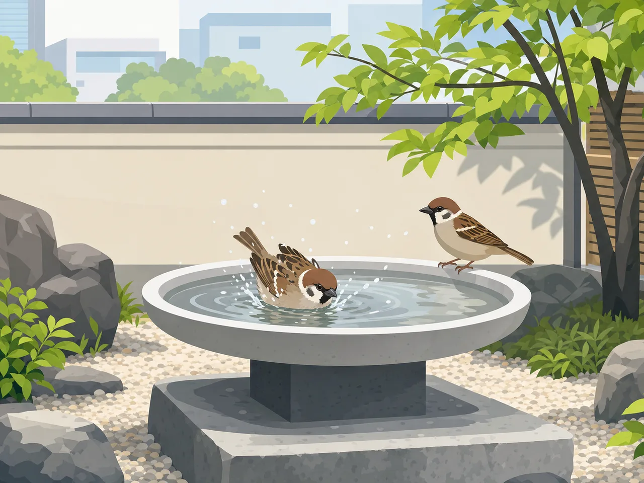 都市の野鳥が利用する水場（フラットイラスト）。都市のバードバス、野鳥の水場、野鳥、バードバスの記事や案内に使える商用素材です。