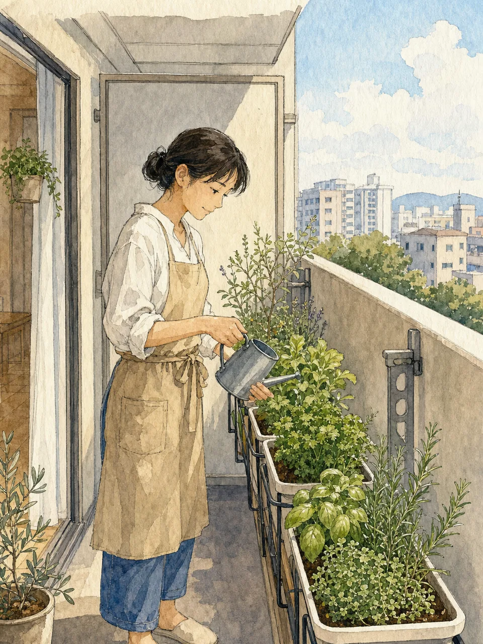 ベランダガーデニングを楽しむ日本人（手描き水彩）。ベランダガーデニング、鉢植え、家庭菜園、住まいの記事向け素材です。