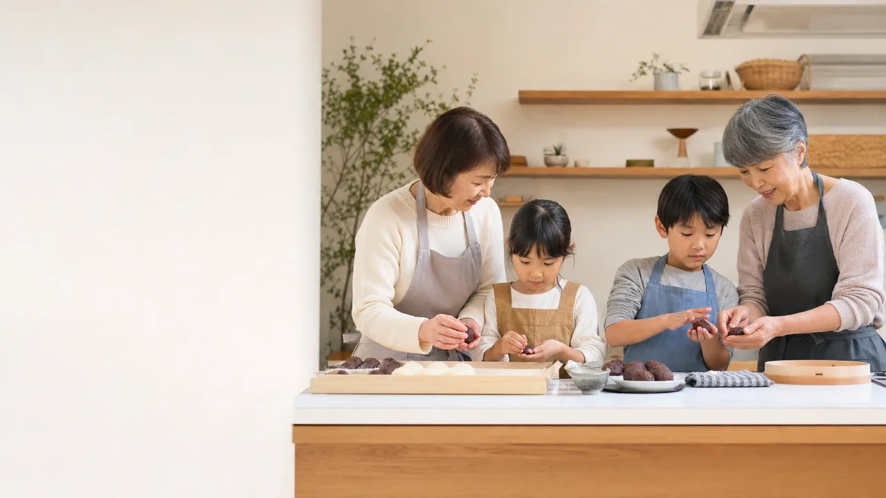 秋のお彼岸におはぎを作る日本人家族（横長・コピースペース）。秋のお彼岸、おはぎ、家族料理、伝統行事の記事や案内に使える商用素材です。