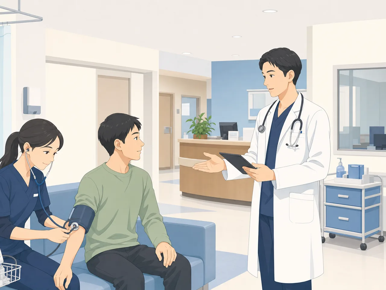 救急外来で対応する日本人医療スタッフ（フラットイラスト）。救急外来、トリアージ、医療チーム、病院の記事向け素材です。