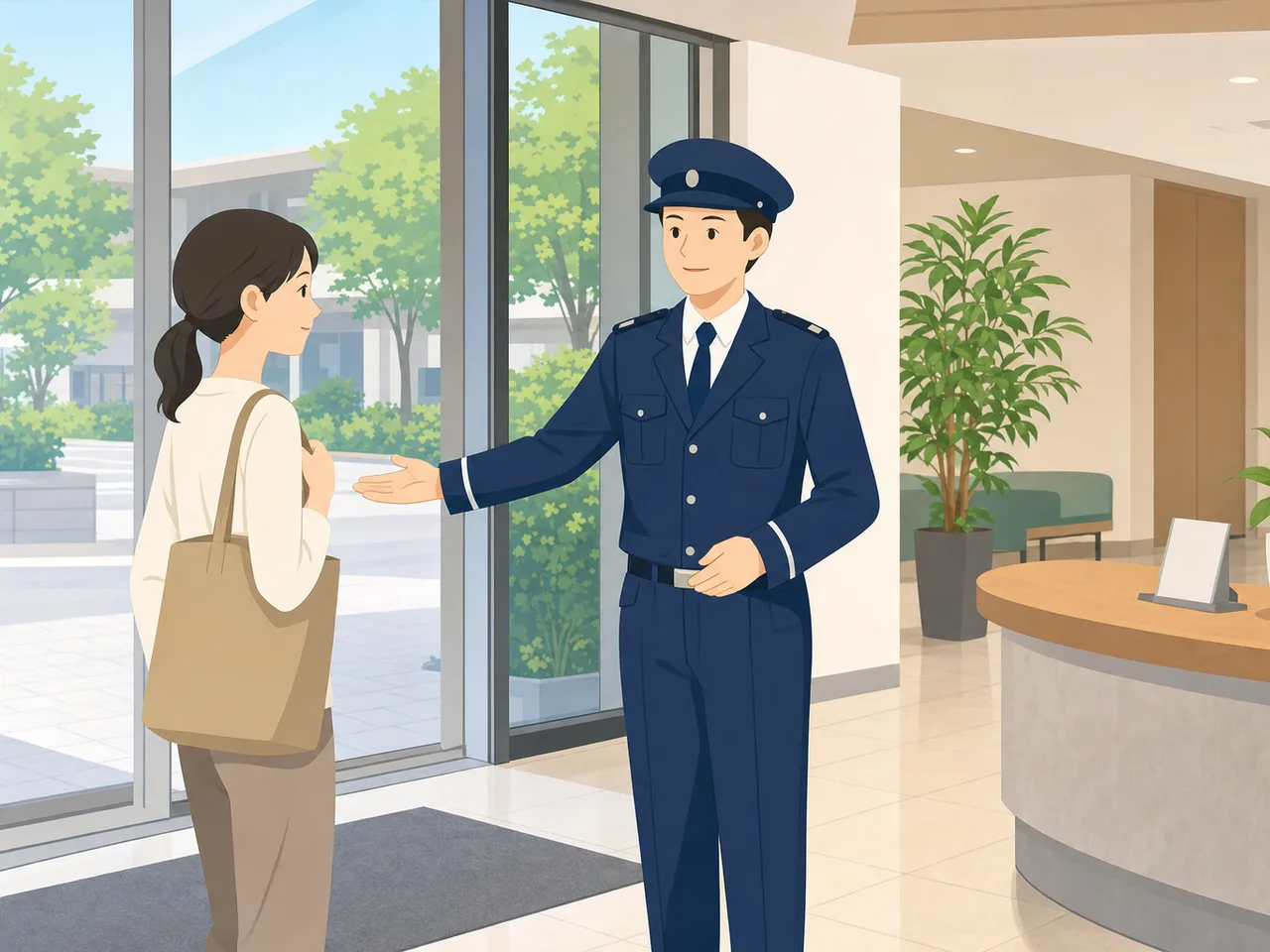 施設を見守る日本人警備員（フラットイラスト）。警備員、施設警備、防犯、安全管理の記事に使える素材です。