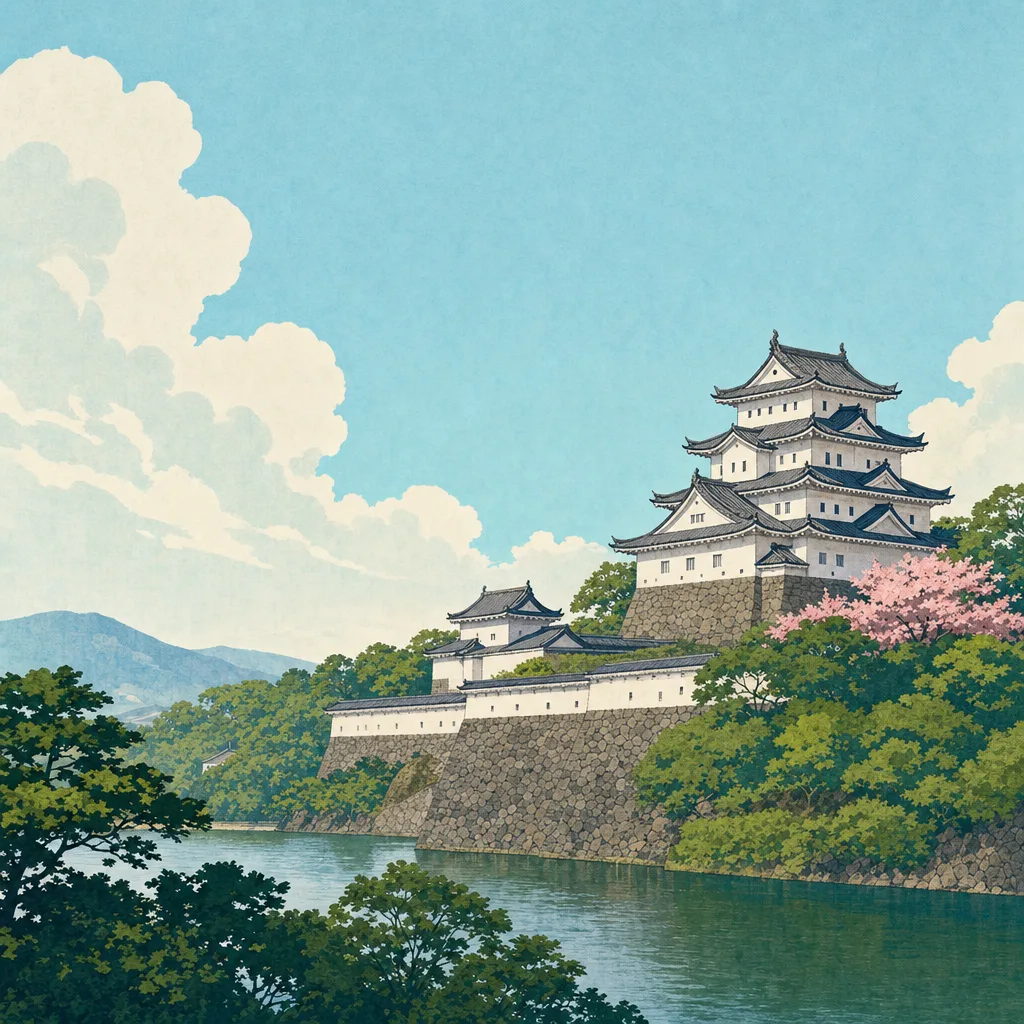 日本の城と四季の風景（正方形デザイン）。日本の城、歴史、国内旅行、観光デザインに使える背景素材です。