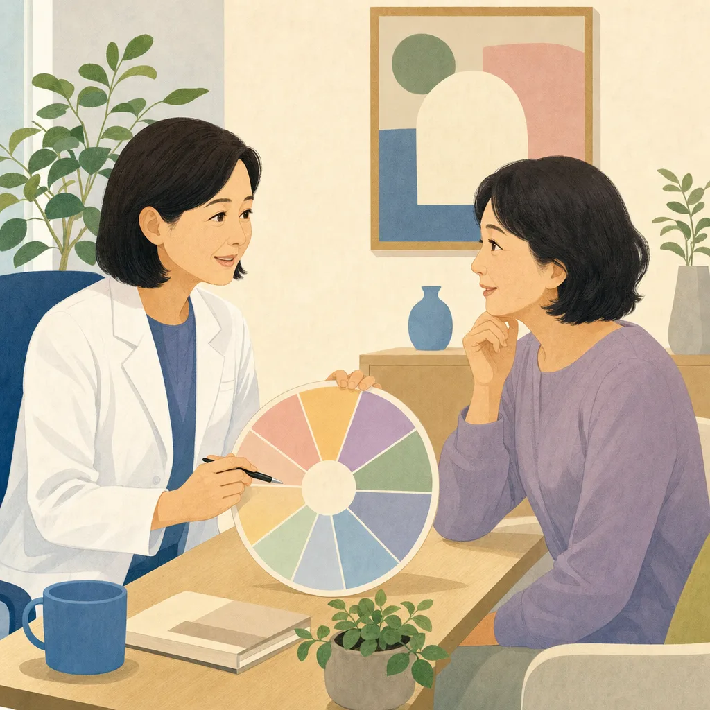 更年期の健康を相談する日本人女性（編集記事向け）。更年期相談、女性の健康、更年期、婦人科相談の記事や案内に使える商用素材です。