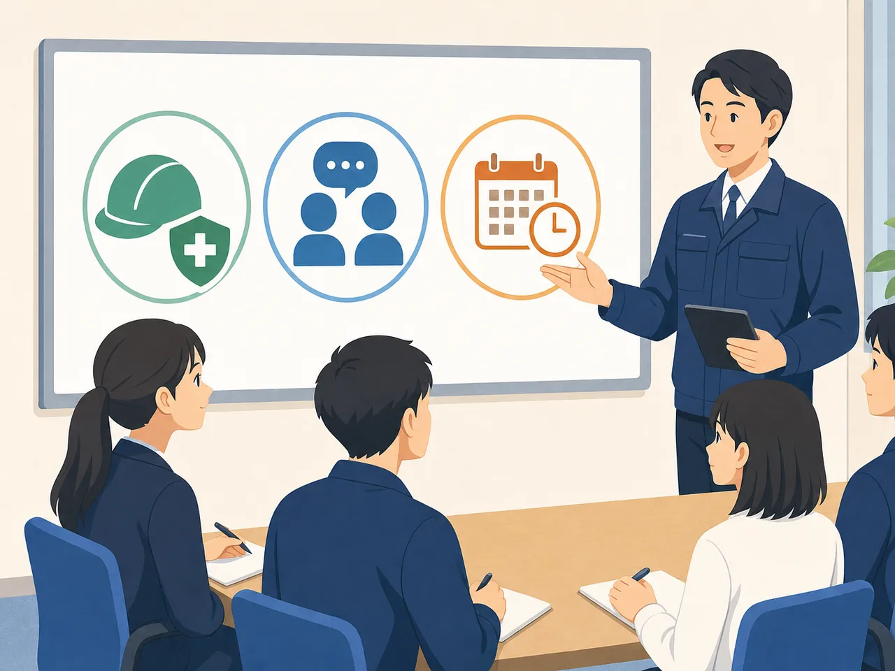 インターンシップ説明を受ける日本人学生（フラットイラスト）。インターンシップ、職場体験、大学生、就業体験の記事や案内に使える商用素材です。