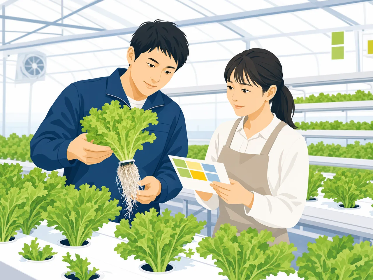 ハウスで水耕栽培をする日本人農家（フラットイラスト）。水耕栽培、施設園芸、ビニールハウス、スマート農業の記事や案内に使える商用素材です。