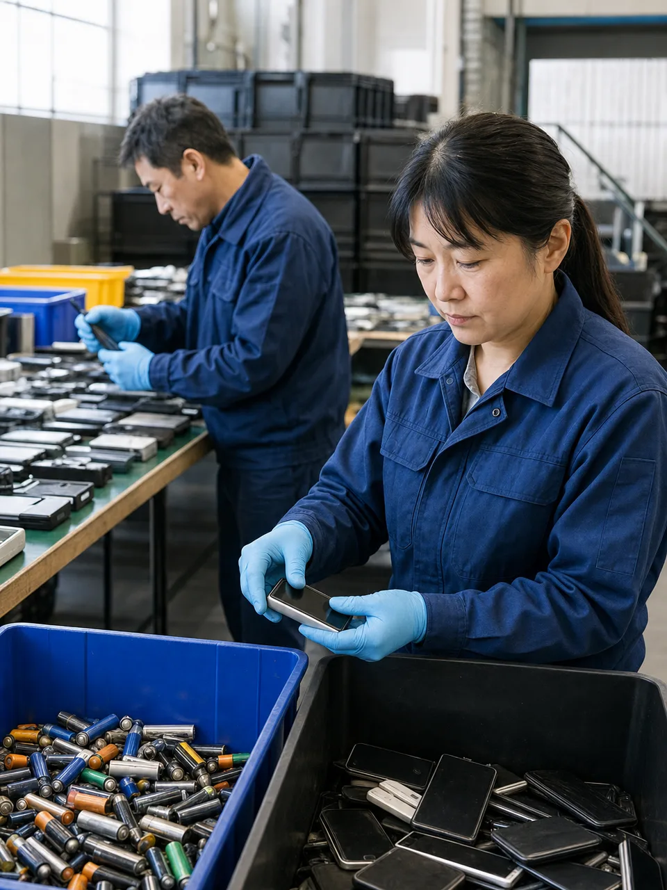 小型家電をリサイクルする日本人（自然な縦位置写真）。小型家電リサイクル、電子廃棄物、資源回収、リサイクルの記事や案内に使える商用素材です。