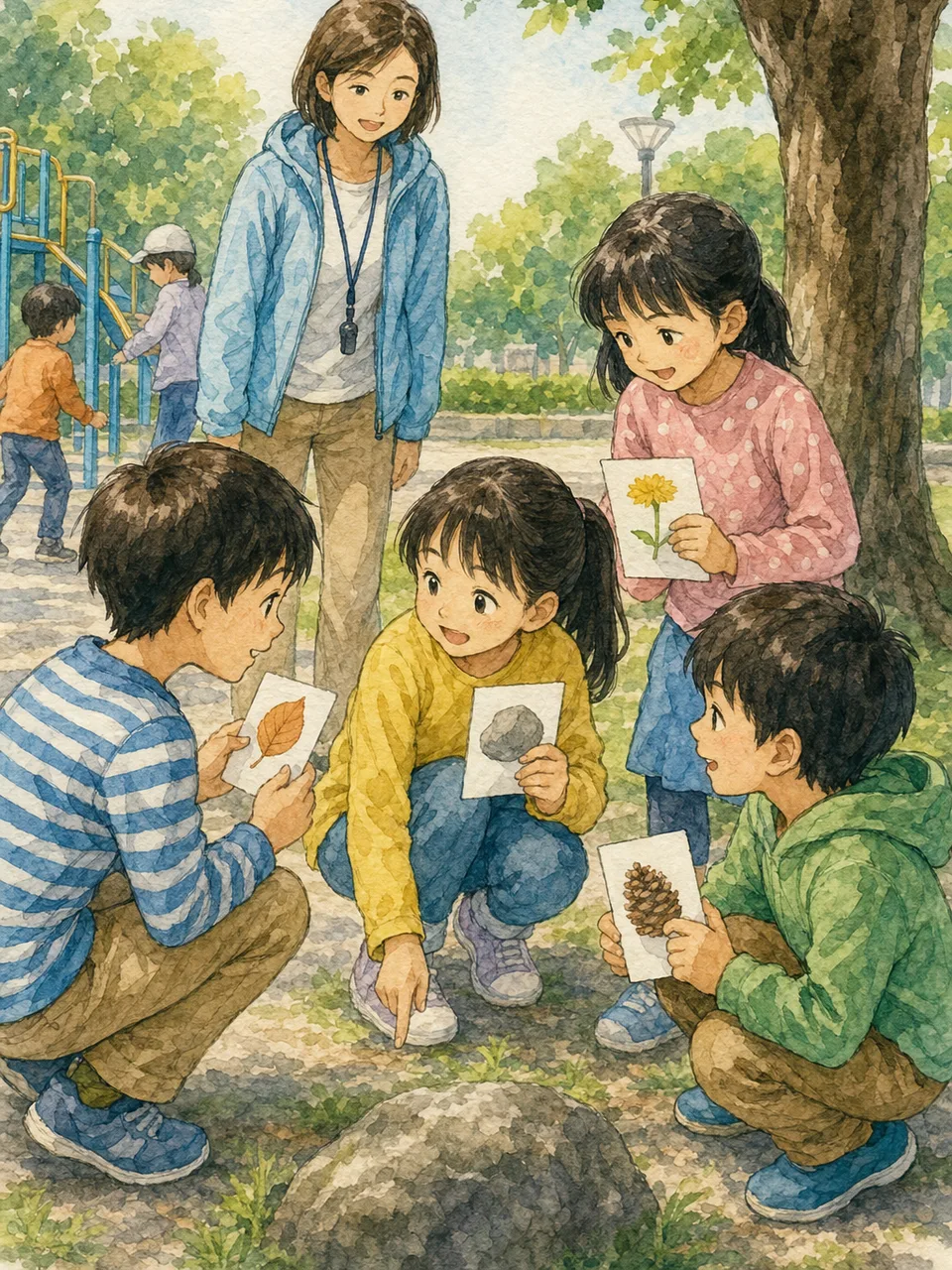 遊ぶ日本人小学生の友達（手描き水彩）。小学生の友達、友情、外遊び、子どもの記事向け素材です。