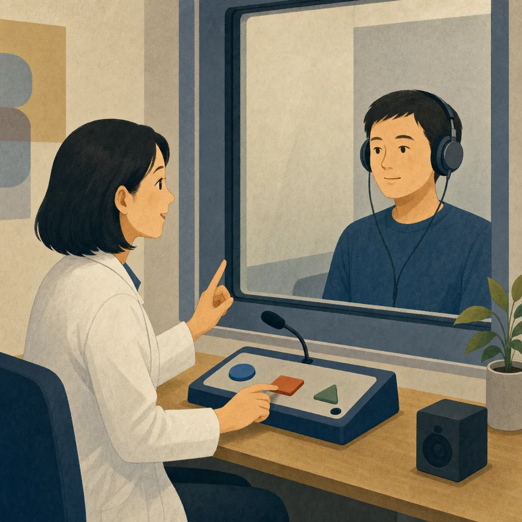 聴力検査を受ける日本人（編集記事向け）。聴力検査、耳鼻科、聞こえ、聴覚の記事や案内に使える商用素材です。
