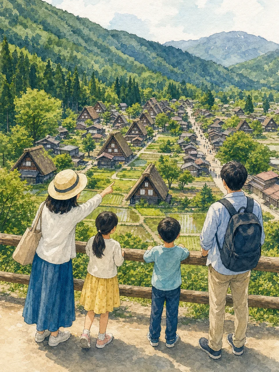 岐阜の山里を訪れる旅行者（手描き水彩）。岐阜旅行、山里、合掌造り、中部旅行の記事や案内に使える商用素材です。