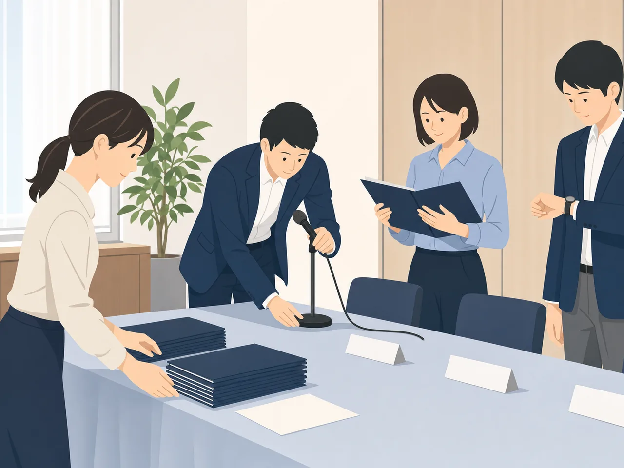 発表準備をする日本人広報担当者（フラットイラスト）。広報担当者、プレス対応、情報発信、企業広報の記事向け素材です。