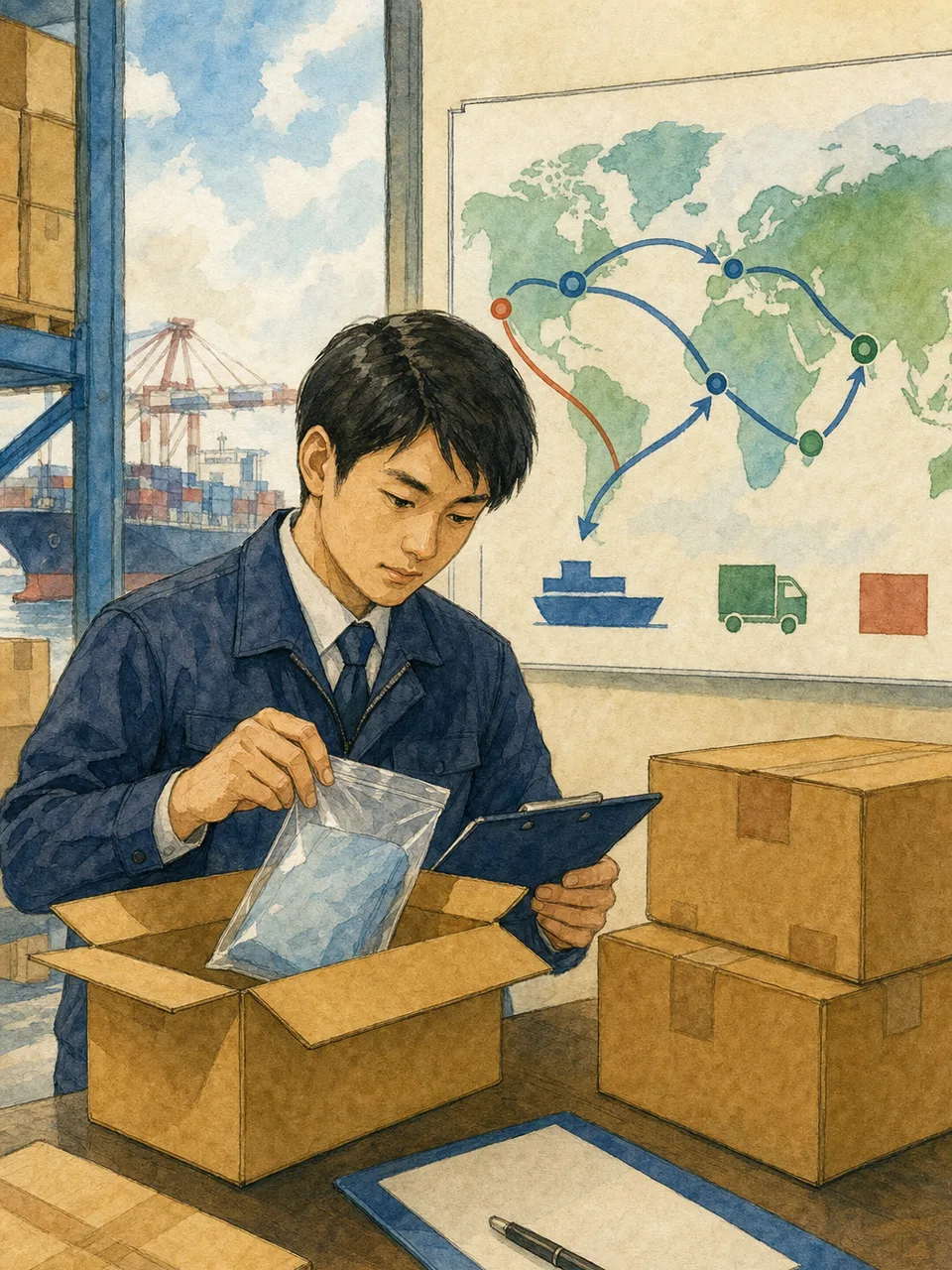 輸入通関を確認する日本人通関士（手描き水彩）。通関士、輸入通関、貿易、税関手続きの記事や案内に使える商用素材です。