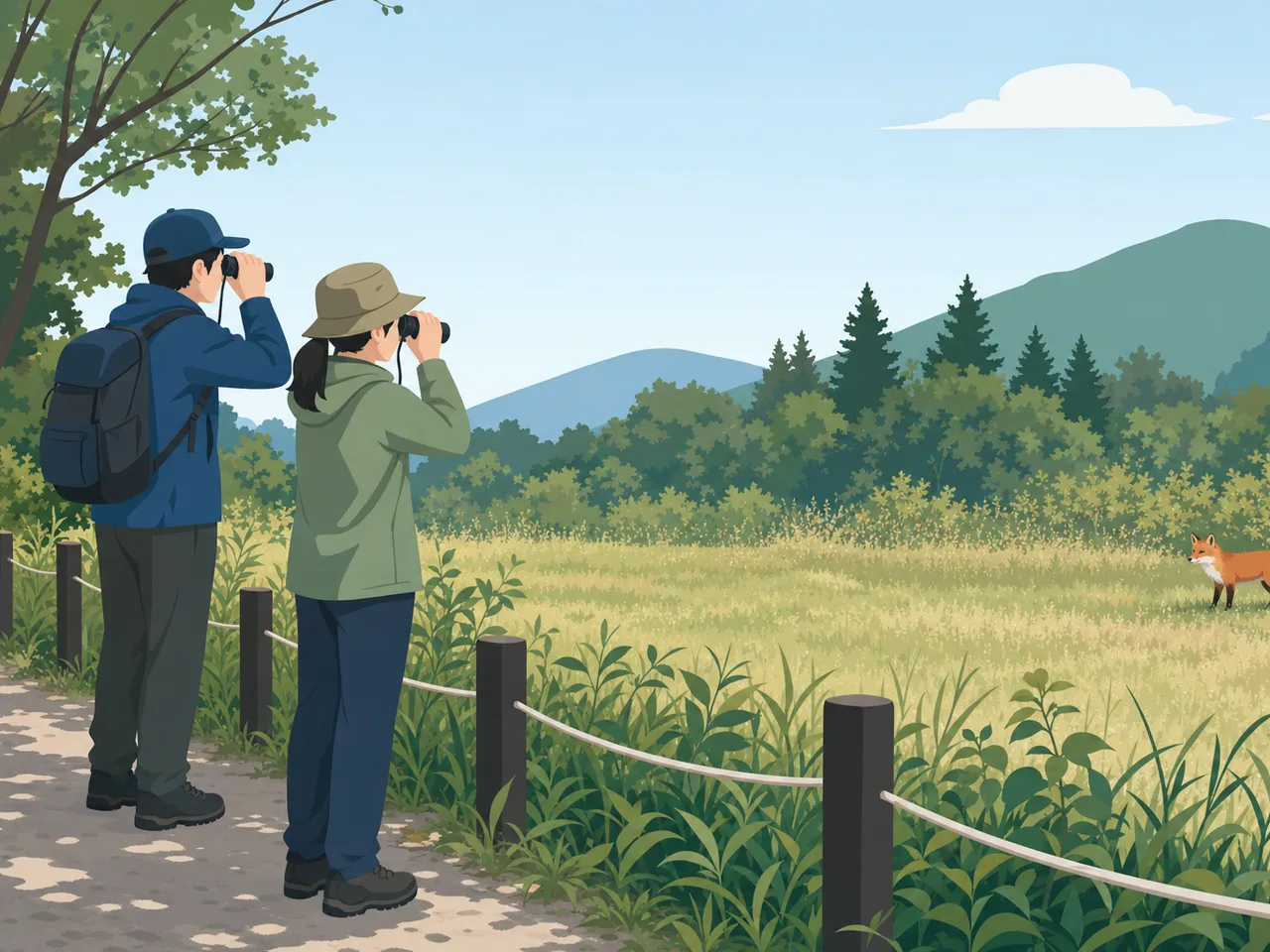 野生のキツネを遠くから観察する日本人（フラットイラスト）。野生のキツネ、キタキツネ、野生動物観察、自然観察の記事や案内に使える商用素材です。