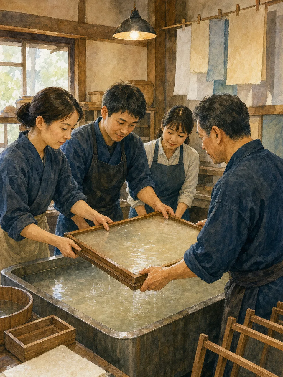 和紙作りを体験する日本人（手描き水彩）。和紙作り、伝統工芸、紙すき、職人体験の記事や案内に使える商用素材です。