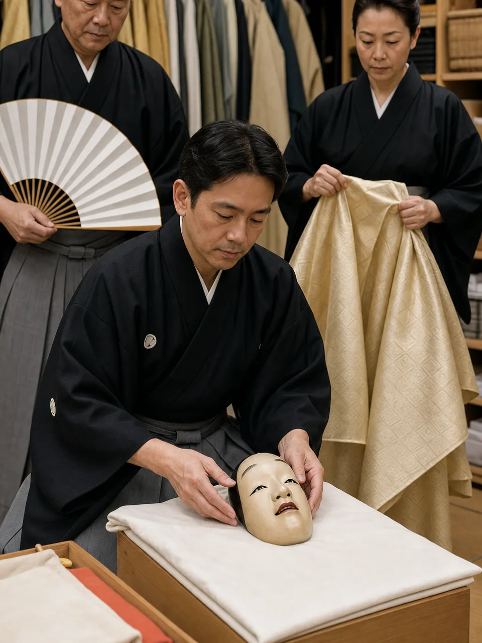 能舞台の準備をする日本人スタッフ（自然な縦位置写真）。能舞台の準備、能楽堂の舞台裏、能、伝統芸能の記事や案内に使える商用素材です。