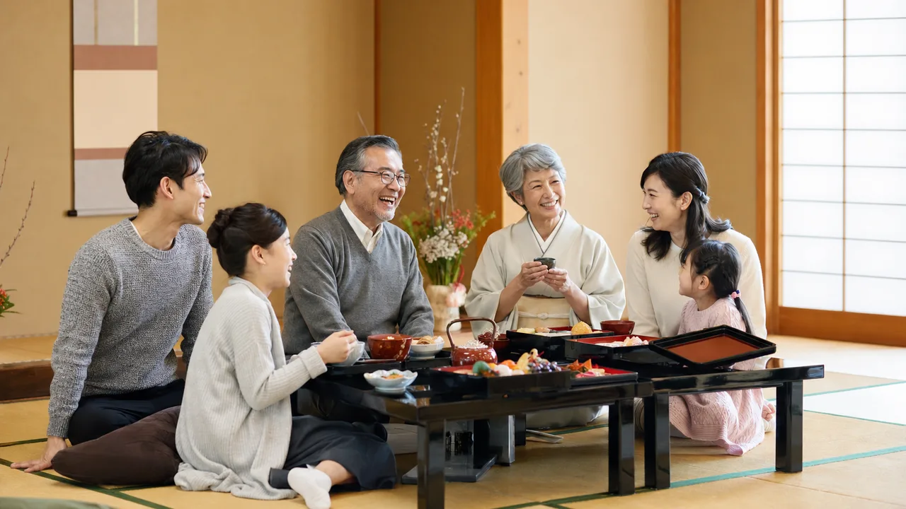 三世代家族で迎えるお正月（横長・コピースペース）。新年の挨拶や家族向け企画に使える、日本の三世代家族のお正月素材です。