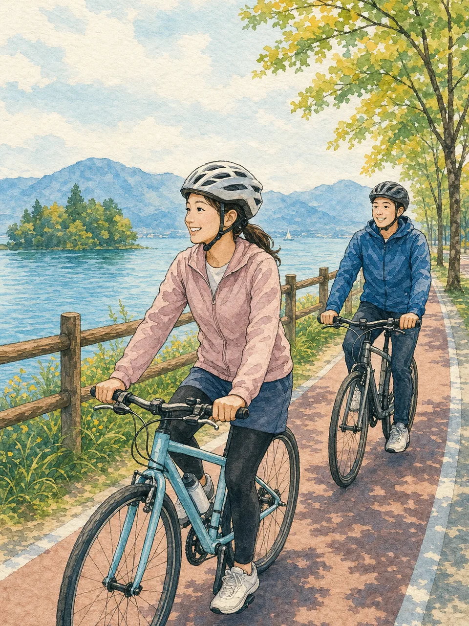 滋賀の琵琶湖畔を自転車で巡る旅行者（手描き水彩）。滋賀旅行、琵琶湖、サイクリング、自転車旅行の記事や案内に使える商用素材です。