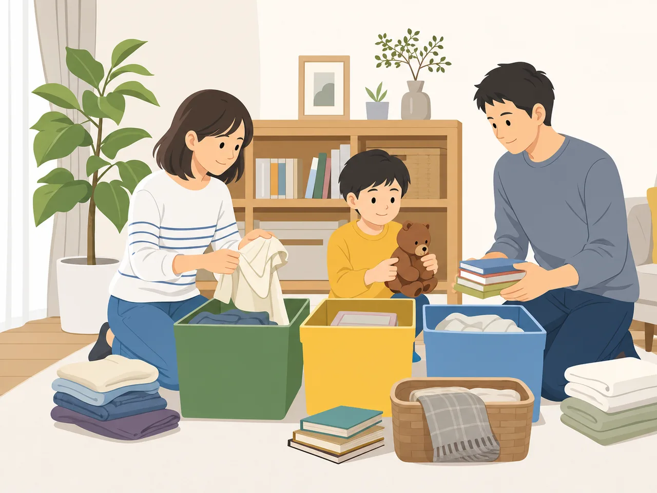 断捨離と収納整理をする日本人家族（フラットイラスト）。断捨離、収納整理、片付け、家族の暮らしの記事向け素材です。