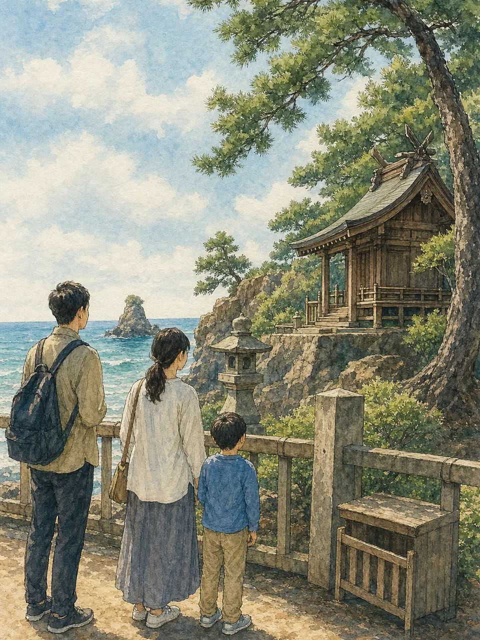 島根の海辺の文化景観を巡る旅行者（手描き水彩）。島根旅行、海辺の神社、山陰旅行、文化景観の記事や案内に使える商用素材です。