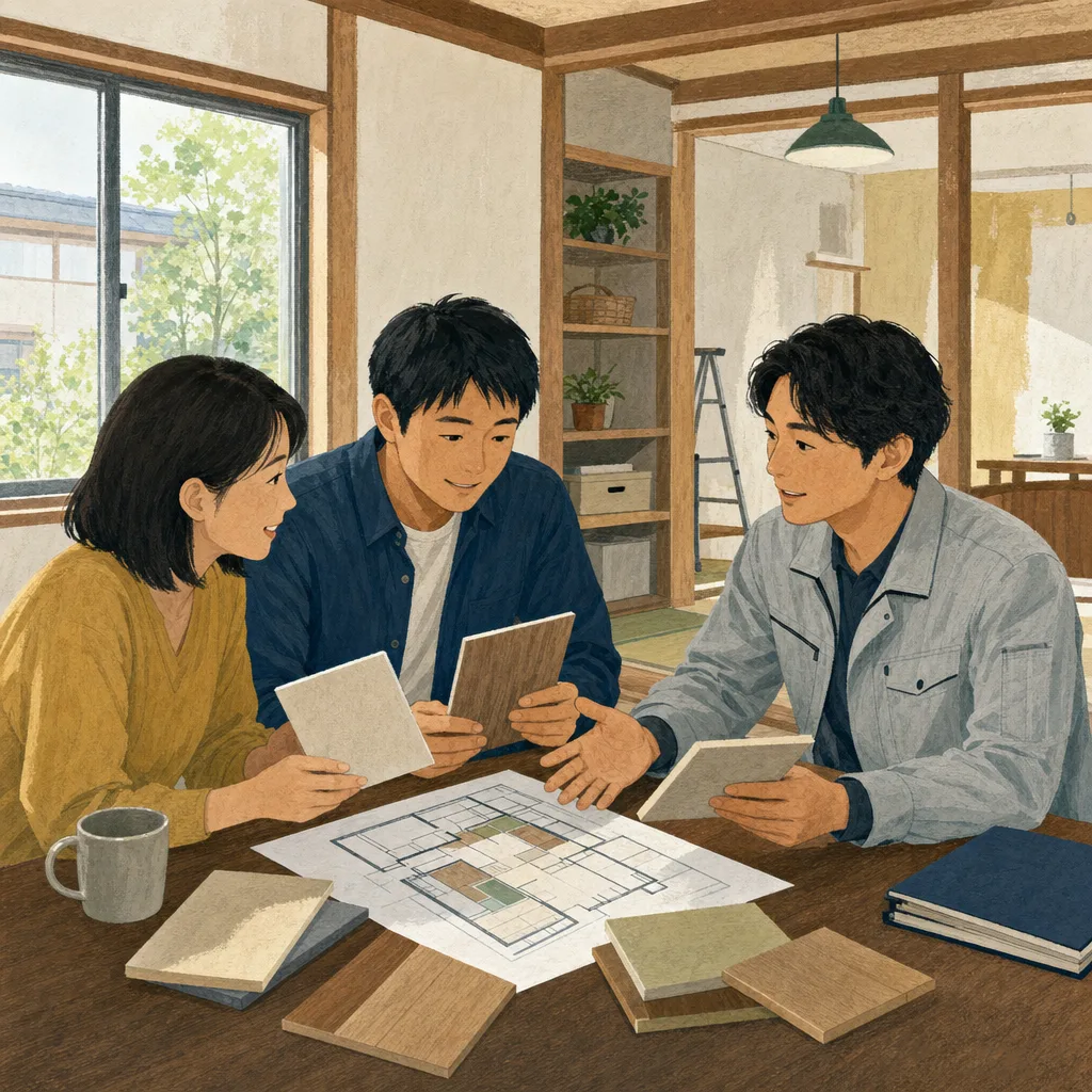 リノベーションを相談する日本人（編集記事向け）。リノベーション、住宅改修、住まい、設計相談の記事向け素材です。