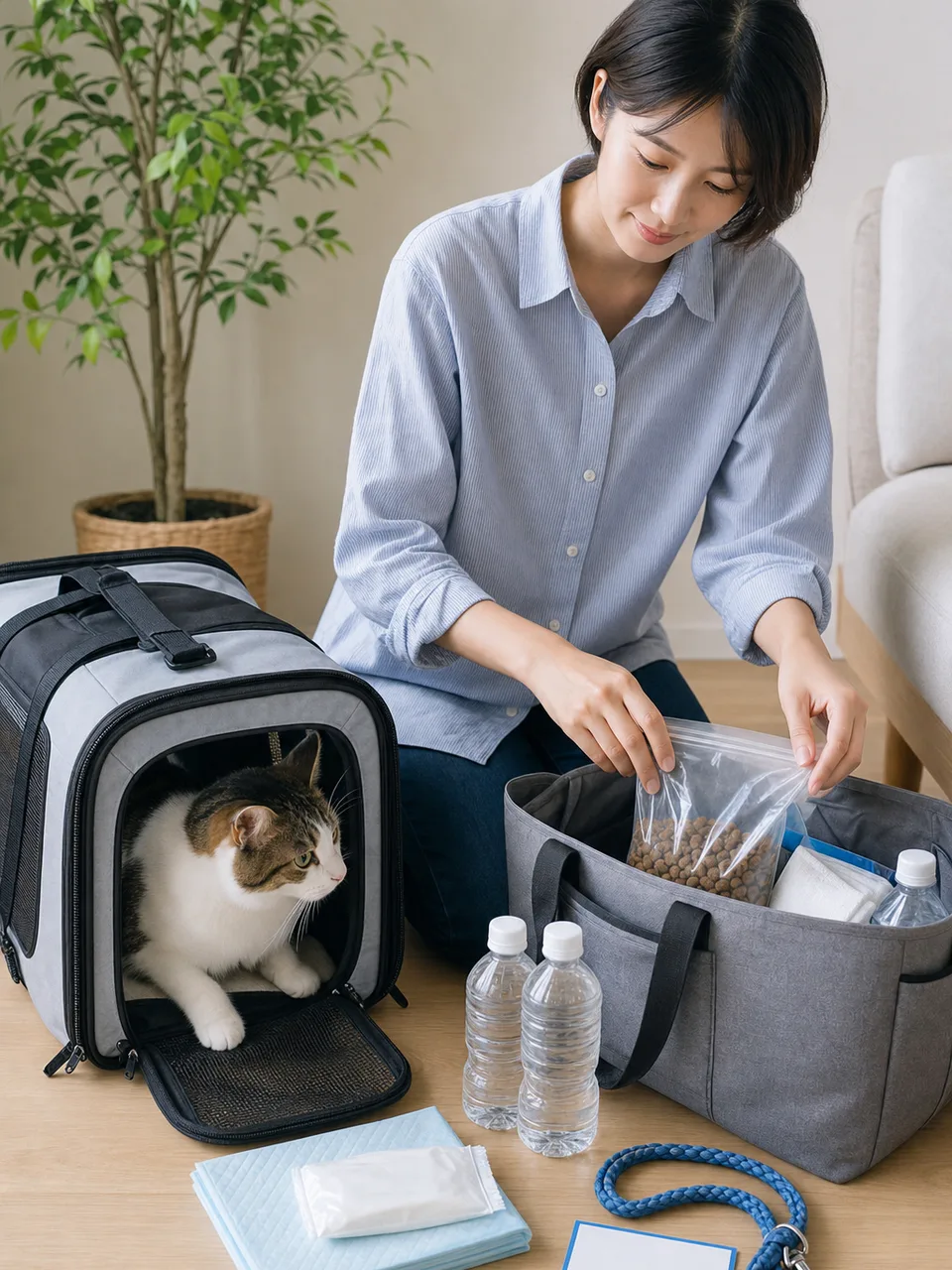ペット防災を準備する日本人（自然な縦位置写真）。ペット防災、避難準備、犬猫、防災の記事向け素材です。