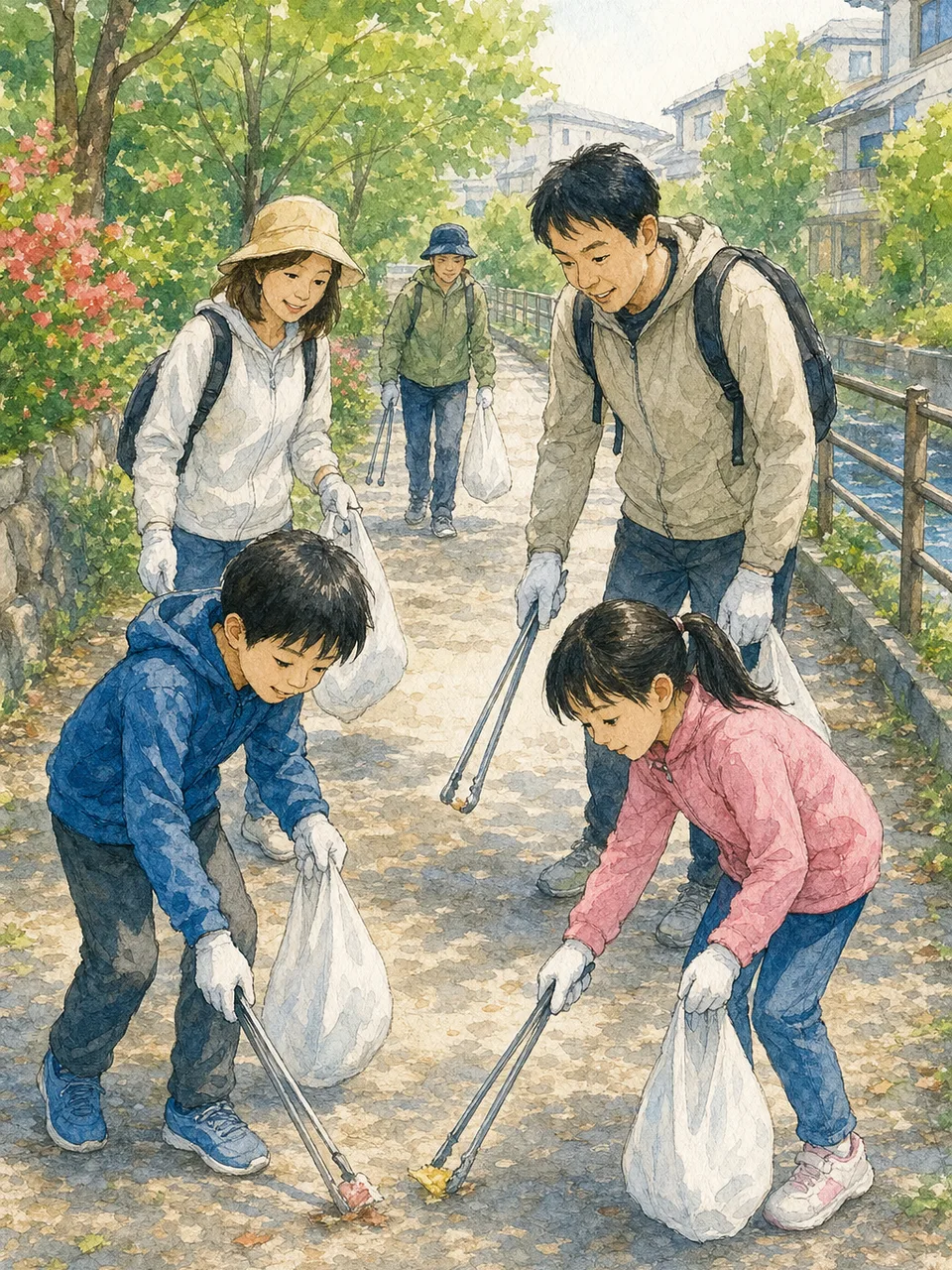 地域清掃に参加する日本人住民（手描き水彩）。地域清掃、ボランティア、環境美化、地域交流の記事向け素材です。