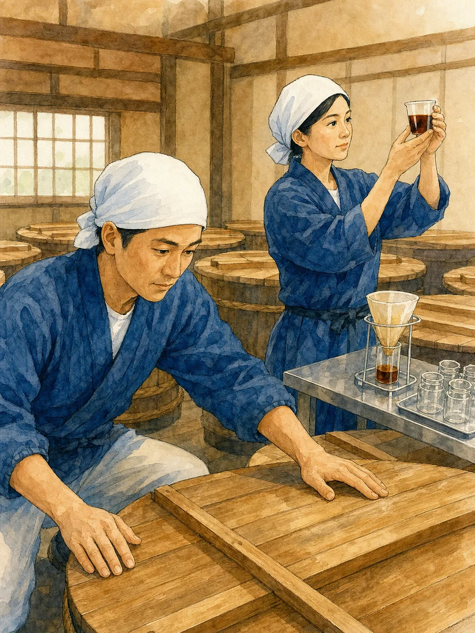 醤油蔵で品質を確認する日本人（手描き水彩）。醤油蔵、醤油作り、醸造、発酵食品の記事や案内に使える商用素材です。