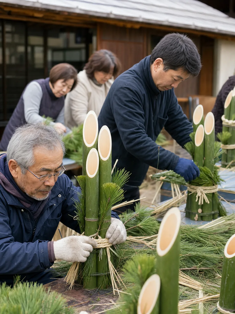 門松を作る日本人地域住民（自然な縦位置写真）。門松作り、正月飾り、新年準備、伝統文化の記事や案内に使える商用素材です。