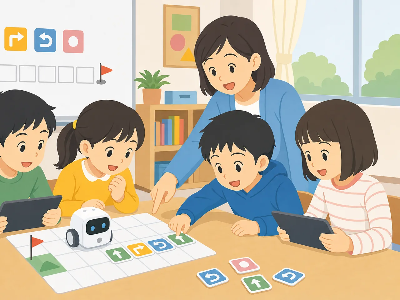 プログラミングを学ぶ日本の子どもたち（フラットイラスト）。プログラミング教育、STEAM、学習教室の紹介に使える素材です。
