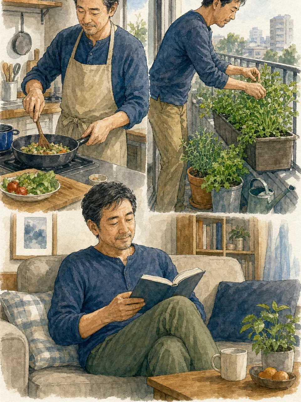 日々を楽しむ日本人の中年男性（手描き水彩）。中年男性、日常生活、趣味、健康的な暮らしの記事向け素材です。
