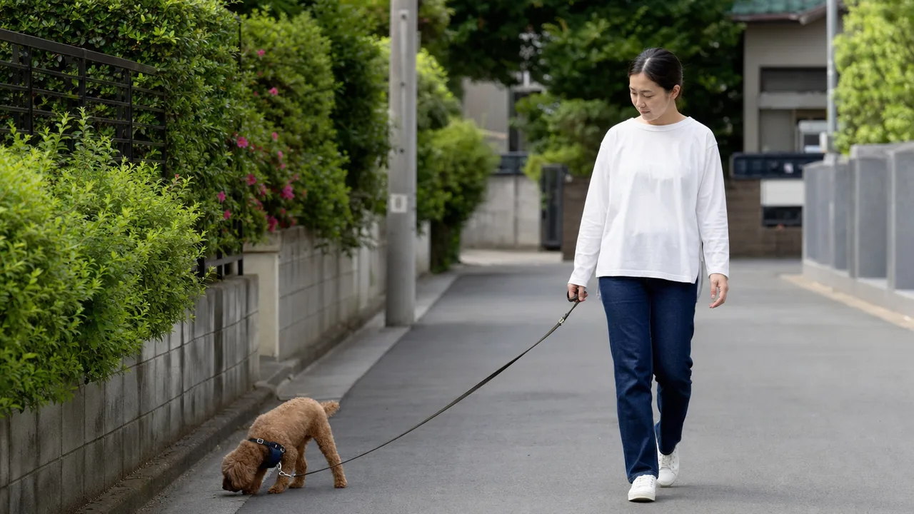トイプードルと散歩する日本人（横長・コピースペース）。トイプードル、犬の散歩、ペット、日常の記事向け素材です。