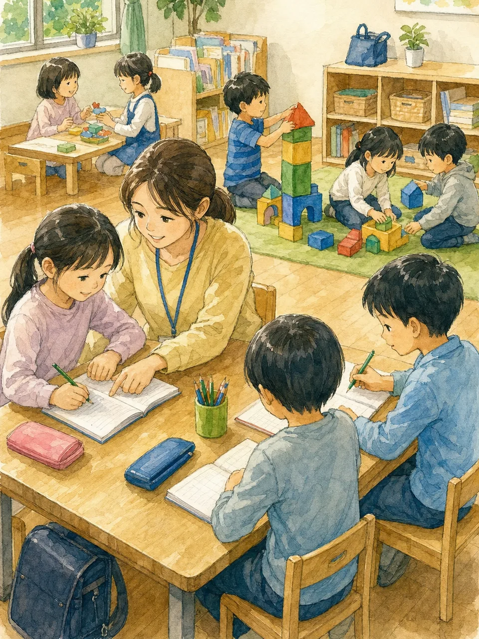 学童保育で過ごす日本人の子どもたち（手描き水彩）。学童保育、放課後、子育て支援、子どもの生活の記事向け素材です。