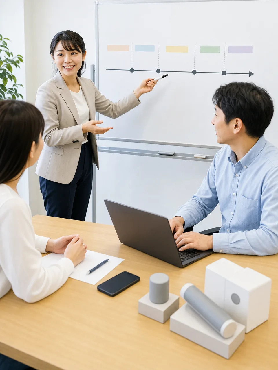 顧客導入を支援する日本人チーム（自然な縦位置写真）。カスタマーサクセス、顧客支援、導入支援、オンボーディングの記事や案内に使える商用素材です。