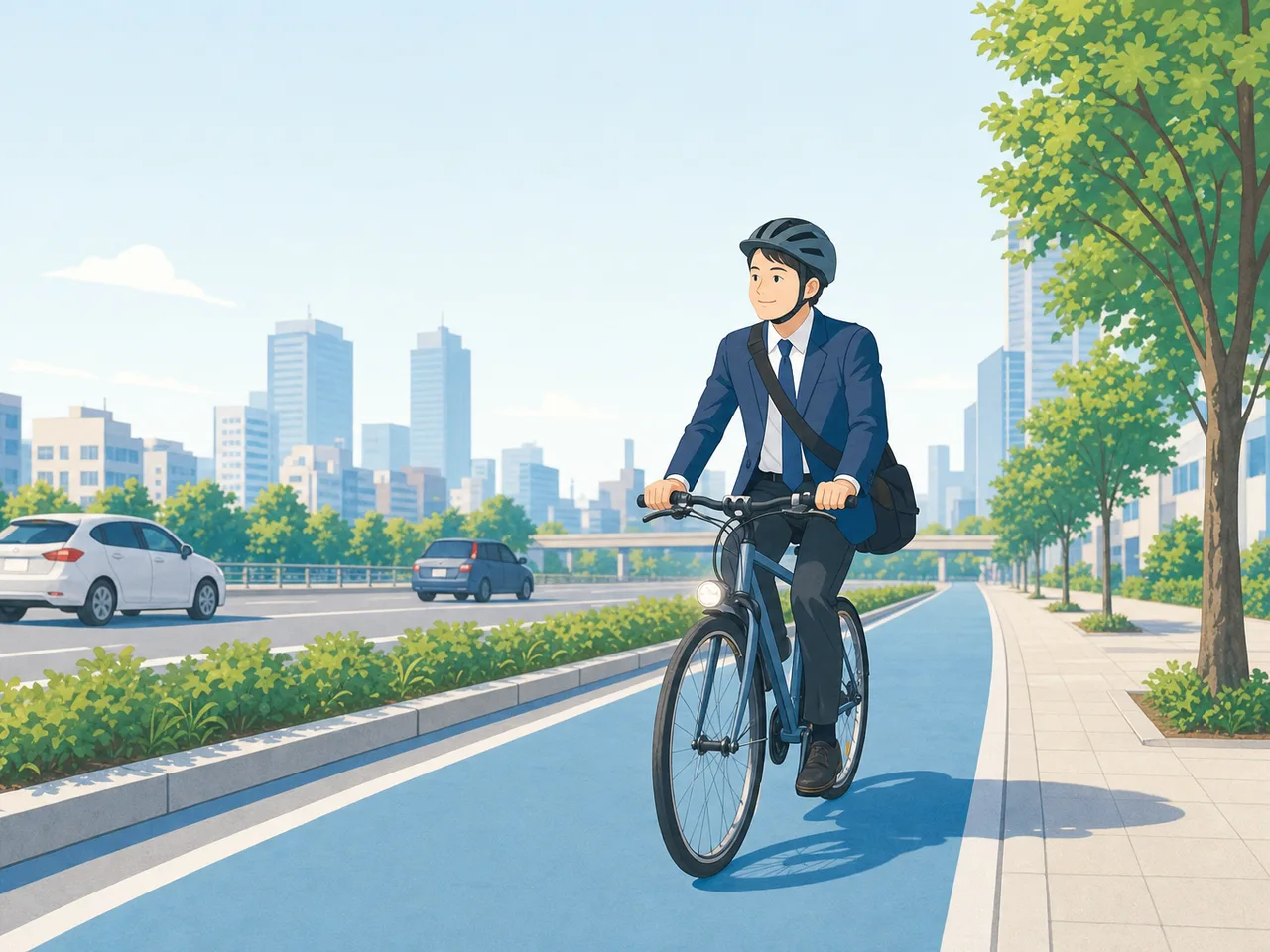 自転車で通勤する日本人会社員（フラットイラスト）。自転車通勤、健康、環境、都市交通の記事向け移動素材です。