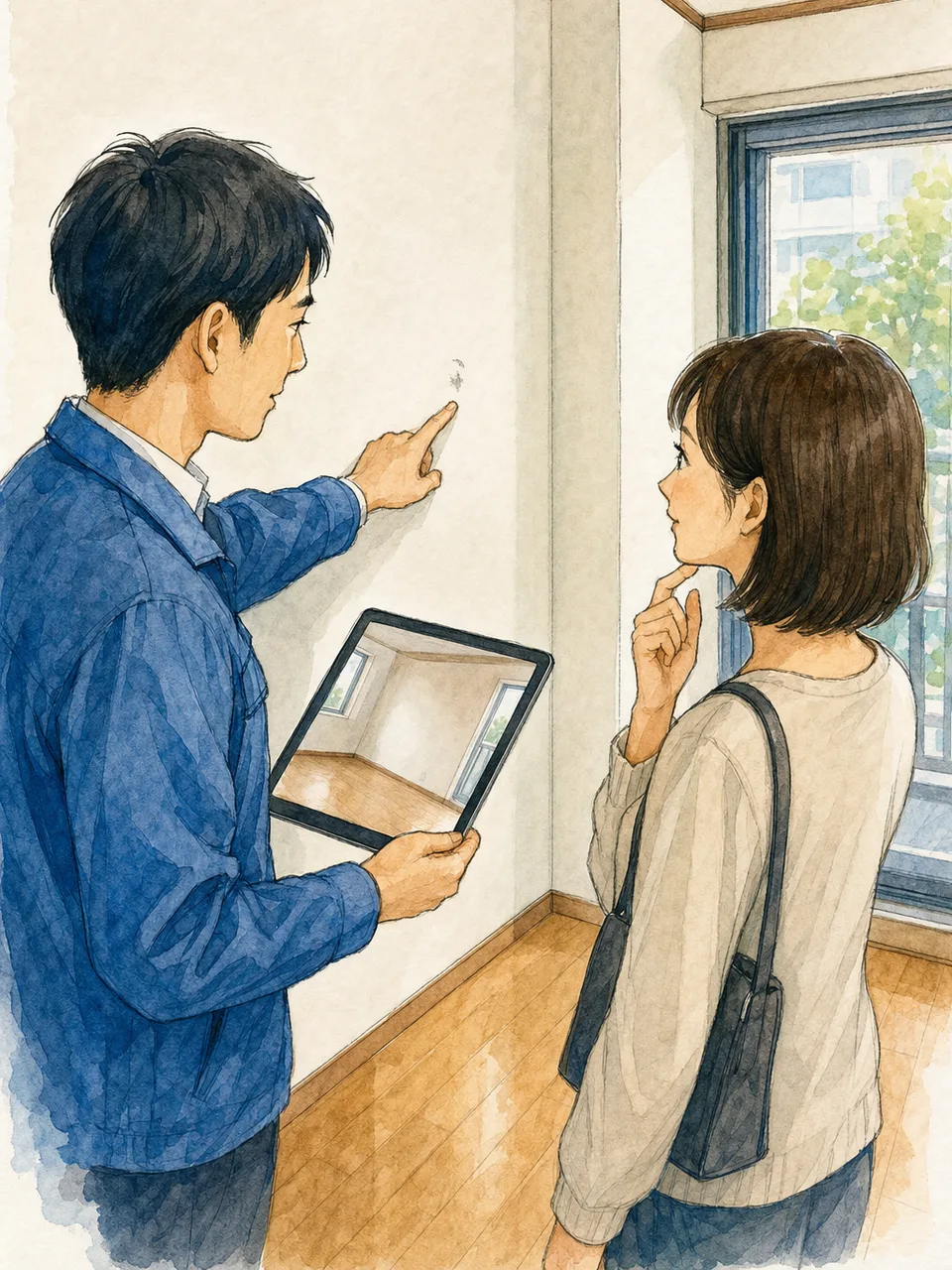 退去立会いをする日本人入居者（手描き水彩）。退去立会い、賃貸、原状確認、引越しの記事向け素材です。