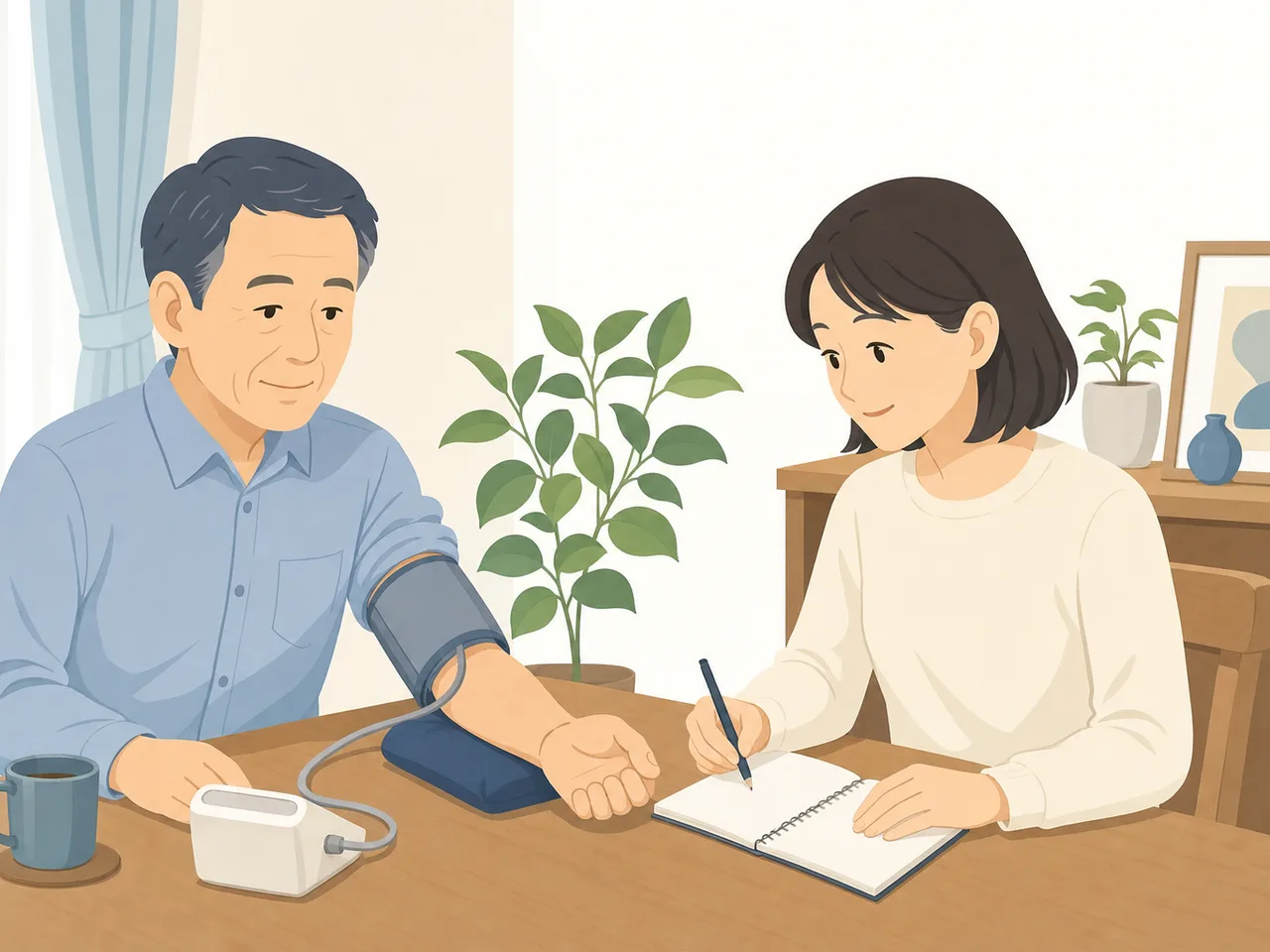 家庭で血圧を測る日本人（フラットイラスト）。高血圧、血圧測定、健康管理、家庭医療の記事向け素材です。