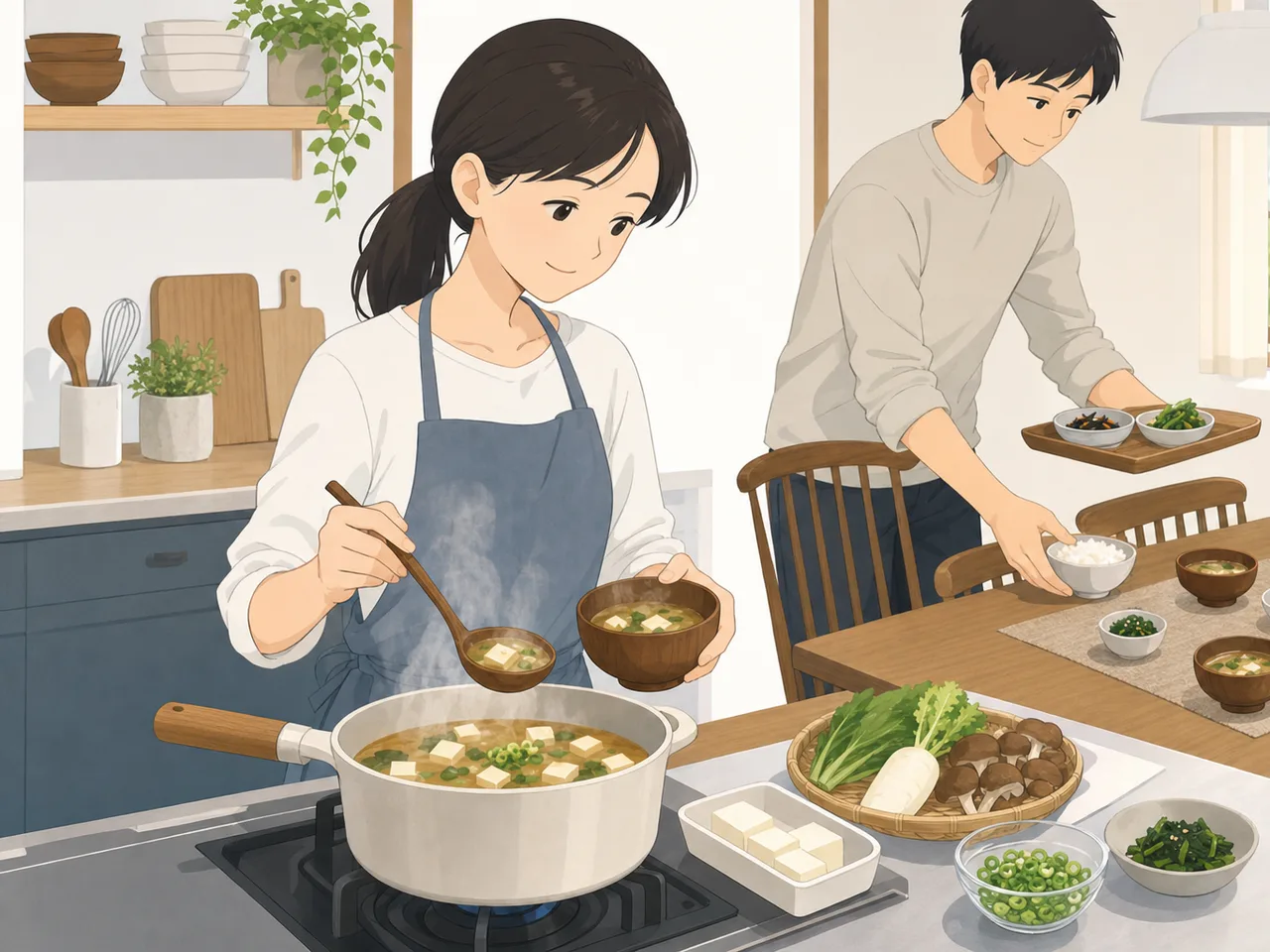 味噌汁を作る日本人の朝（フラットイラスト）。味噌汁、和朝食、家庭料理、朝ごはんの記事向け素材です。