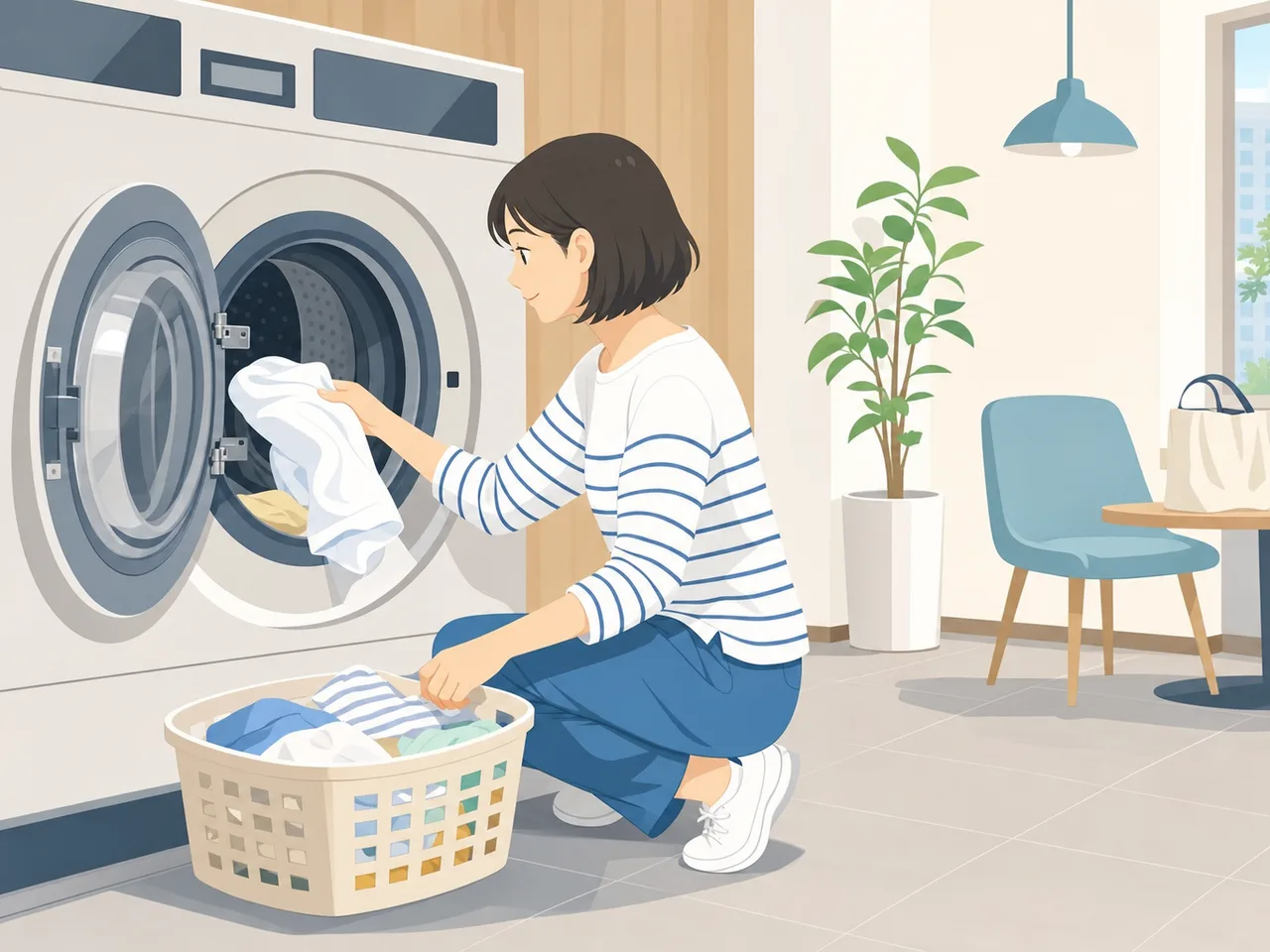 コインランドリーを利用する日本人（フラットイラスト）。コインランドリー、洗濯、家事、暮らしの記事向け素材です。