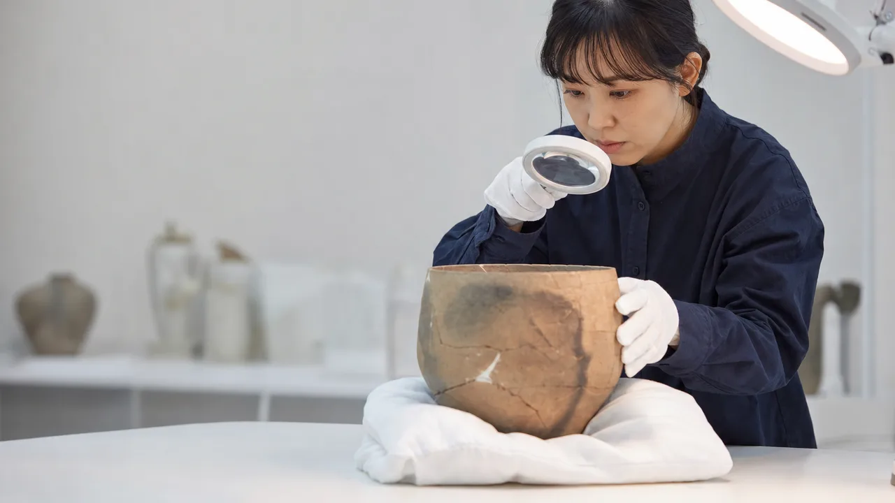 文化財を保存する日本人修復専門家（横長・コピースペース）。文化財修復、保存修復、学芸員、博物館の記事や案内に使える商用素材です。