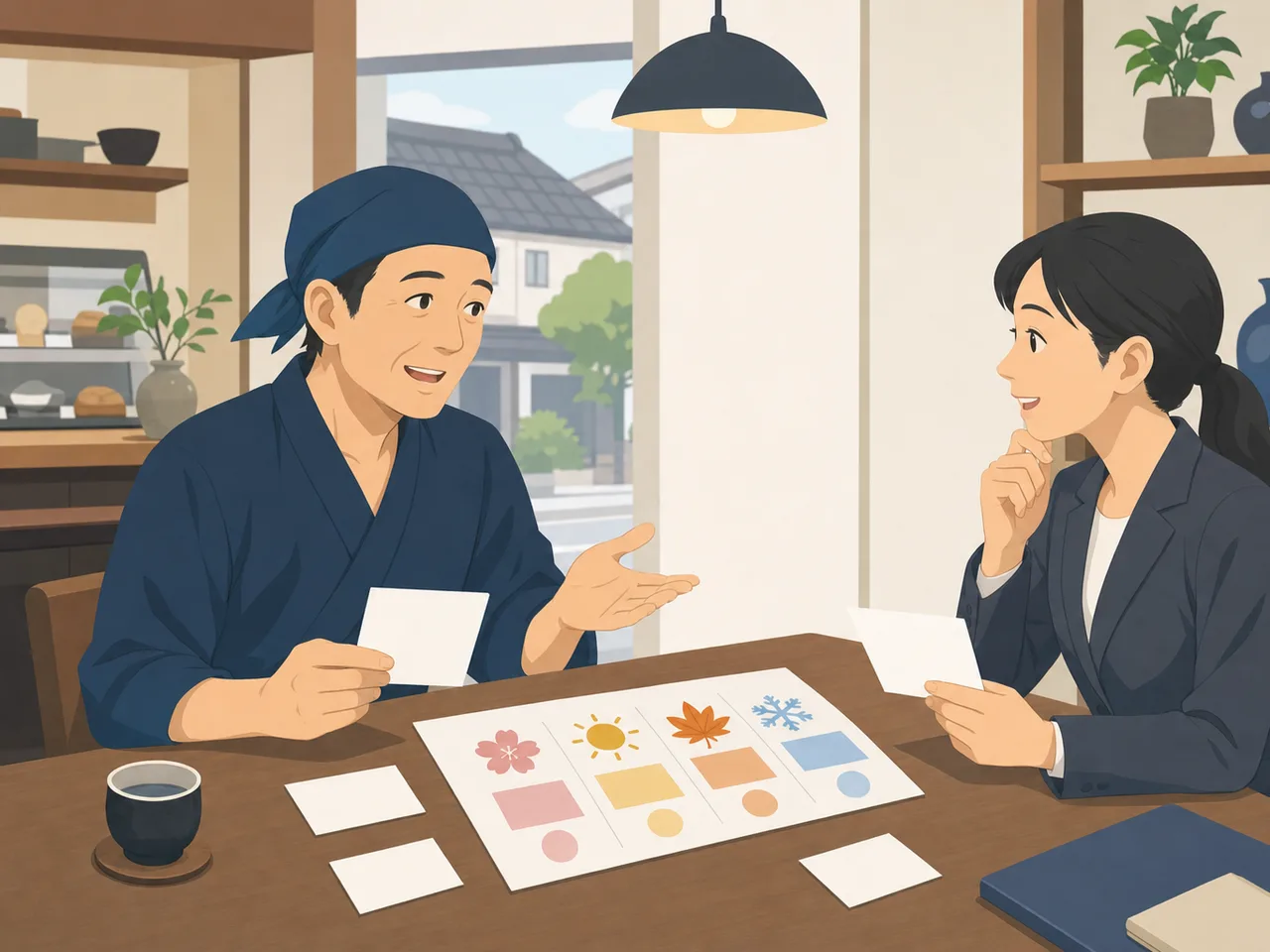 地域金融機関で相談する日本人事業者（フラットイラスト）。地域金融、信用金庫、事業相談、中小企業支援の記事や案内に使える商用素材です。