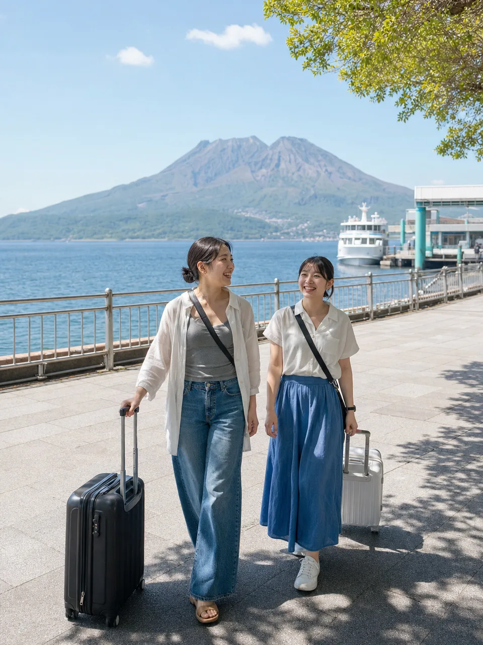 鹿児島の湾岸を旅する日本人（自然な縦位置写真）。鹿児島、湾岸風景、火山、九州旅行の記事向け素材です。